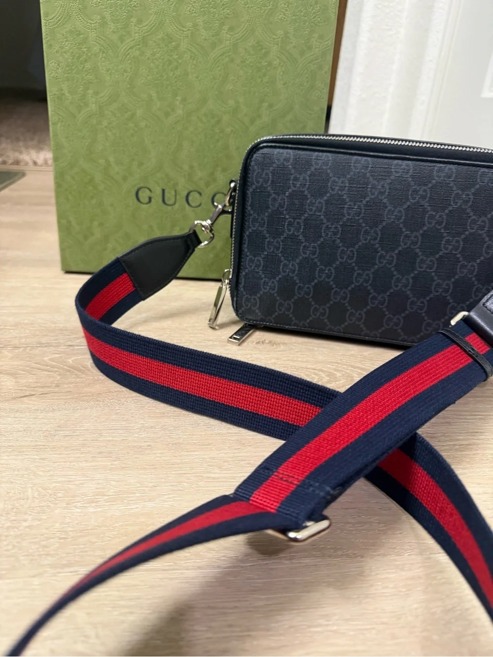 Authentic Gucci Black/Gray Monogram Shoulder Bag with Navy & Red Web Strap